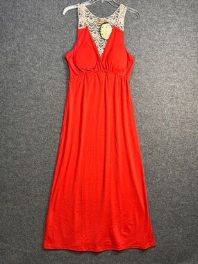 Second Skin Bright Coral Women’s S Crochet Lace-Back Maxi Dress Or Swim Coverup